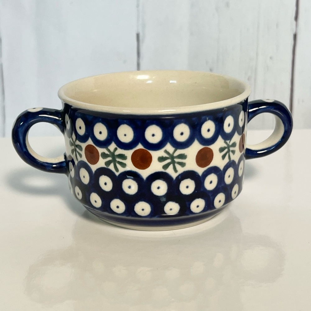 Boleslawiec Polish Pottery Soup Mug Blue Peacock Eyes Pattern Handmade Cup